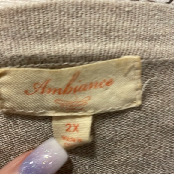 Ambiance plus size 2X light tan cardigan. Deep V 6 button with elbow sleeve. - Picture 5 of 6